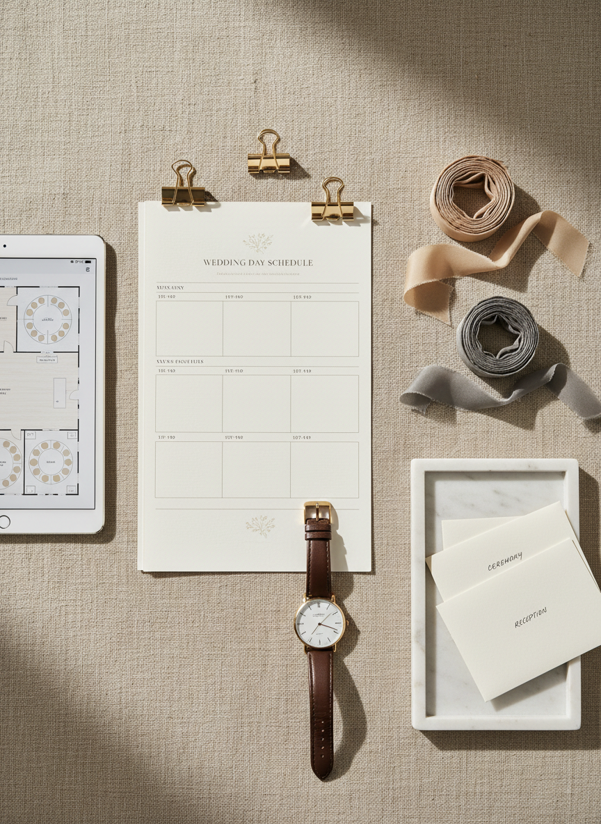 A carefully composed flat-lay of event day-of coordination materials on a textured linen backdrop in warm oatmeal tones, featuring a detailed timeline printed on heavy cardstock, neatly coiled silk ribbons in champagne and smoke, metal binder clips in brushed gold, and a slim digital tablet displaying a floor plan. A small marble tray holds labeled key envelopes and a classic analog watch with a leather band, symbolizing precise timing. Soft, indirect window light from the upper left creates gentle shadows and highlights paper edges. Photographic realism emphasizes crisp details and tactile textures, with a balanced, airy composition that communicates organization, calm control, and the behind-the-scenes finesse of a professional planning team.