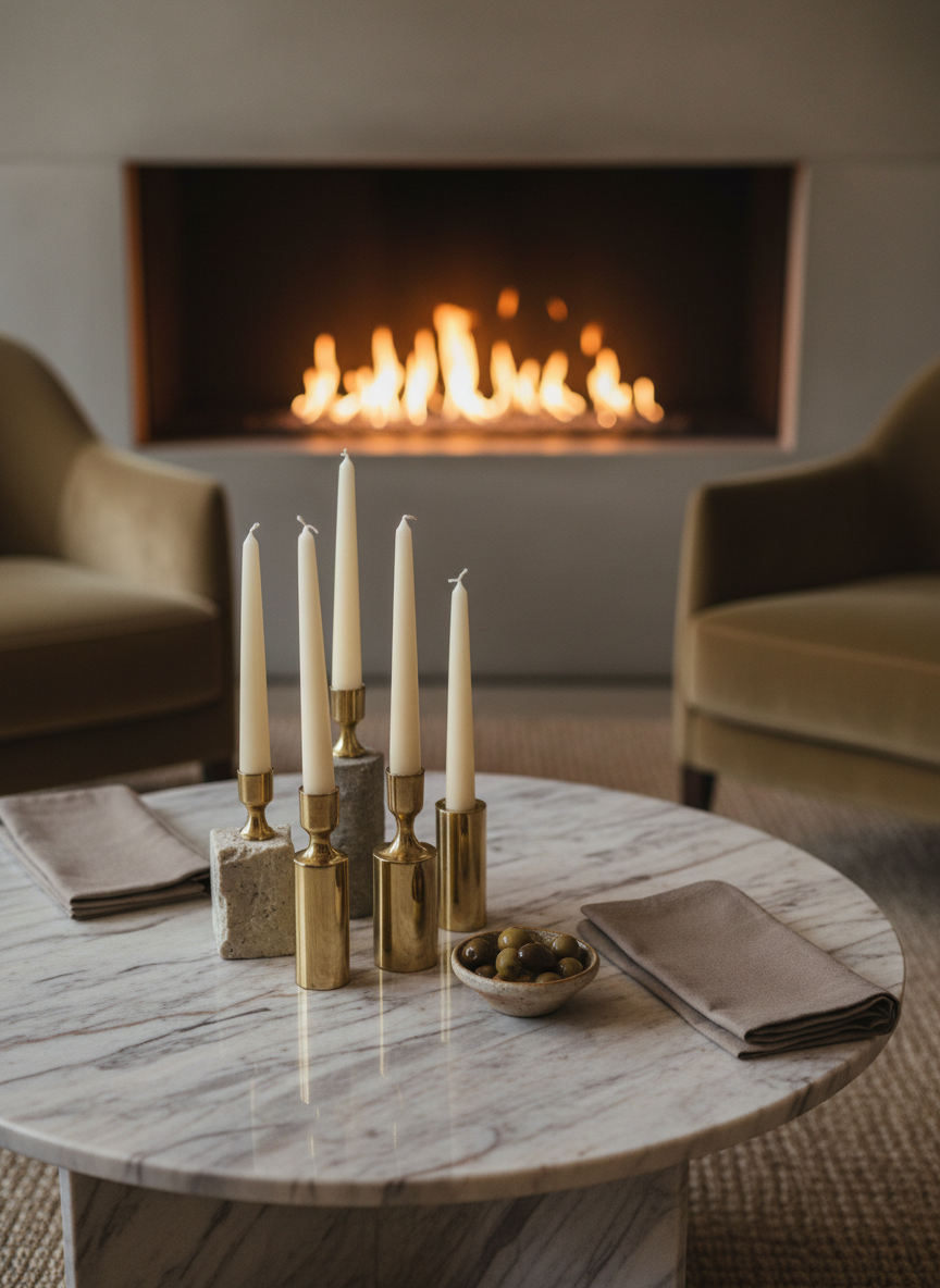 An intimate fireside lounge vignette designed for a small gathering, centered around a low, round marble coffee table with a fine veining pattern in soft grays and warm beige. On the table rests a cluster of slender taper candles in mismatched stone and brass holders, a small ceramic dish of olives, and neatly folded linen napkins in muted taupe. Behind, a modern concrete fireplace glows with contained flames, casting a delicate, flickering light across the polished table surface and highlighting textures. Photographic realism at a close, three-quarter angle with shallow depth of field keeps the focus on the table details while the hearth and lounge chairs melt into a soft blur, conveying cozy, understated luxury and thoughtful hosting.
