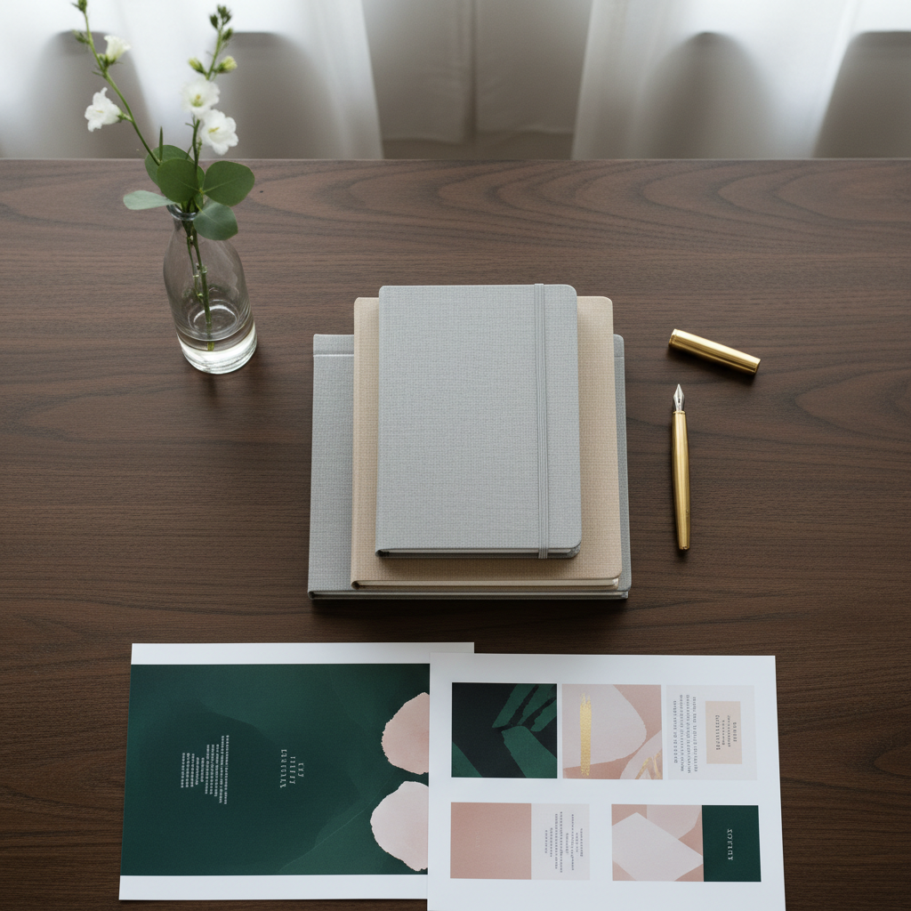 A polished event planning workspace on a dark walnut table, holding a neatly stacked set of linen-covered notebooks in dove gray and sand, a brass fountain pen, and printed mood boards with palette swatches of deep forest green, soft blush, and champagne. A single glass vase with understated white blooms adds height near the edge. Diffused overcast daylight from an off-frame window creates soft, even illumination and subtle reflections on the pen and paper edges. Captured in photographic realism from an overhead, flat-lay perspective with balanced negative space, the composition feels calm, organized, and luxurious, evoking thoughtful coordination and meticulous planning for high-end events.