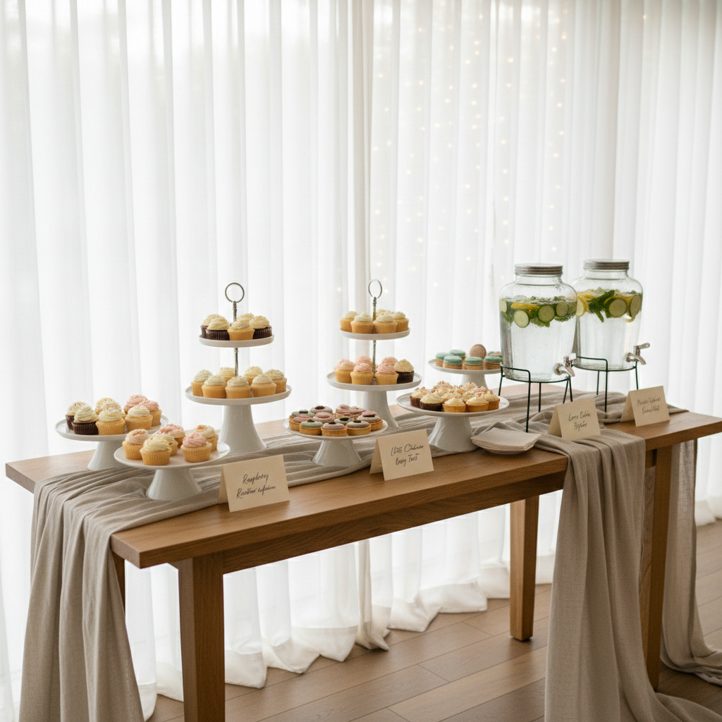 An elegantly styled dessert and beverage station for a private celebration, featuring a long oak console table with a satin-smooth finish, topped with tiered ceramic cake stands, glass beverage dispensers with infused water, and neatly labeled minimalist tent cards. Neutral-toned linens drape gracefully to the floor, with a backdrop of sheer white curtains softly diffusing natural light. Fairy lights are faintly visible as a gentle bokeh in the distance. Photographic realism at eye level, with a slight angle emphasizing depth along the table, creates a welcoming yet polished mood. The atmosphere is warm and inviting, designed to convey discrete, sophisticated hospitality services without showing any guests.