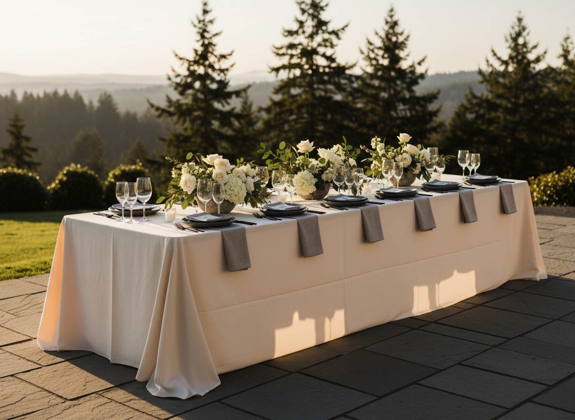 A meticulously arranged outdoor event dining table set for a refined evening gathering, featuring crisp ivory linen, weighty matte-black flatware, and crystal-clear stemware catching glints of light. Low floral arrangements in soft whites and muted greenery sit in stone-textured vessels, spaced along the center. The table rests on a smooth flagstone patio overlooking blurred silhouettes of evergreens and distant hills of the Pacific Northwest. Warm golden hour sunlight filters through unseen trees, casting elongated shadows and a gentle glow across the scene. Photographic realism with a slightly elevated angle and shallow depth of field, creating an intimate, sophisticated atmosphere ideal for a boutique event planning brand.