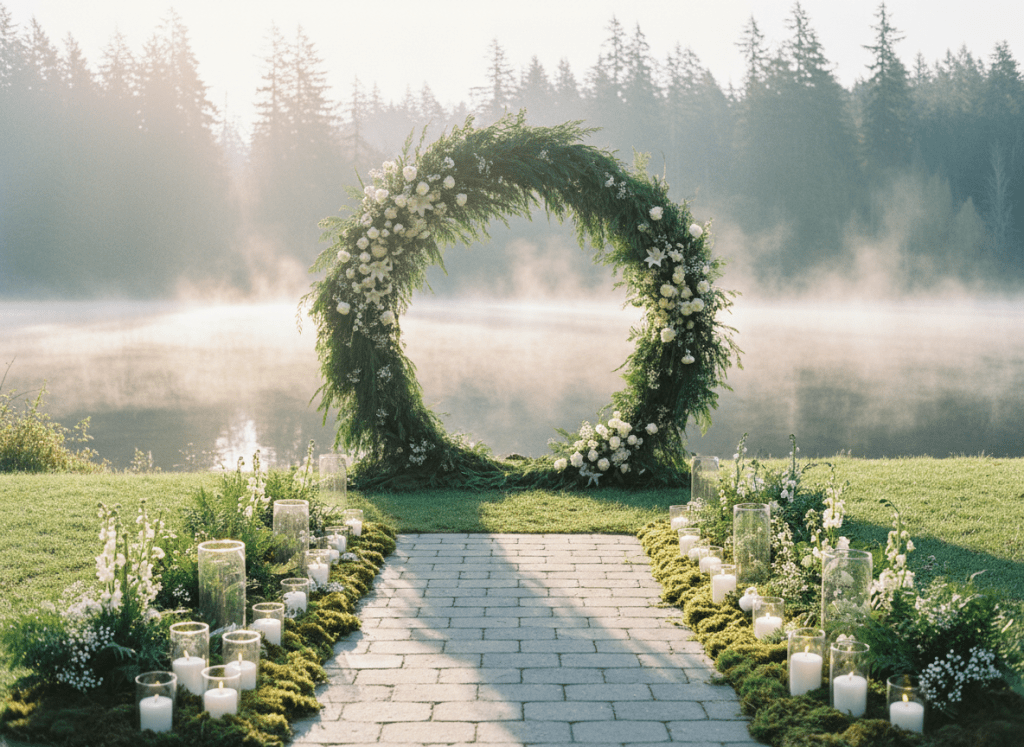 A serene, nature-inspired ceremony space set beneath an arch of intertwined evergreen branches and delicate white blooms, positioned at the edge of a calm lake with mist rising from the water. A simple aisle of smooth stone pavers leads to the arch, flanked by low arrangements of moss, ferns, and candles in clear cylindrical vessels. Early morning light filters through tall conifers, creating dappled patterns on the ground and a gentle haze in the distance. Photographic realism from a centered, eye-level composition draws the viewer toward the focal point, conveying an intimate, thoughtfully designed outdoor event in the Pacific Northwest without any attendees present.