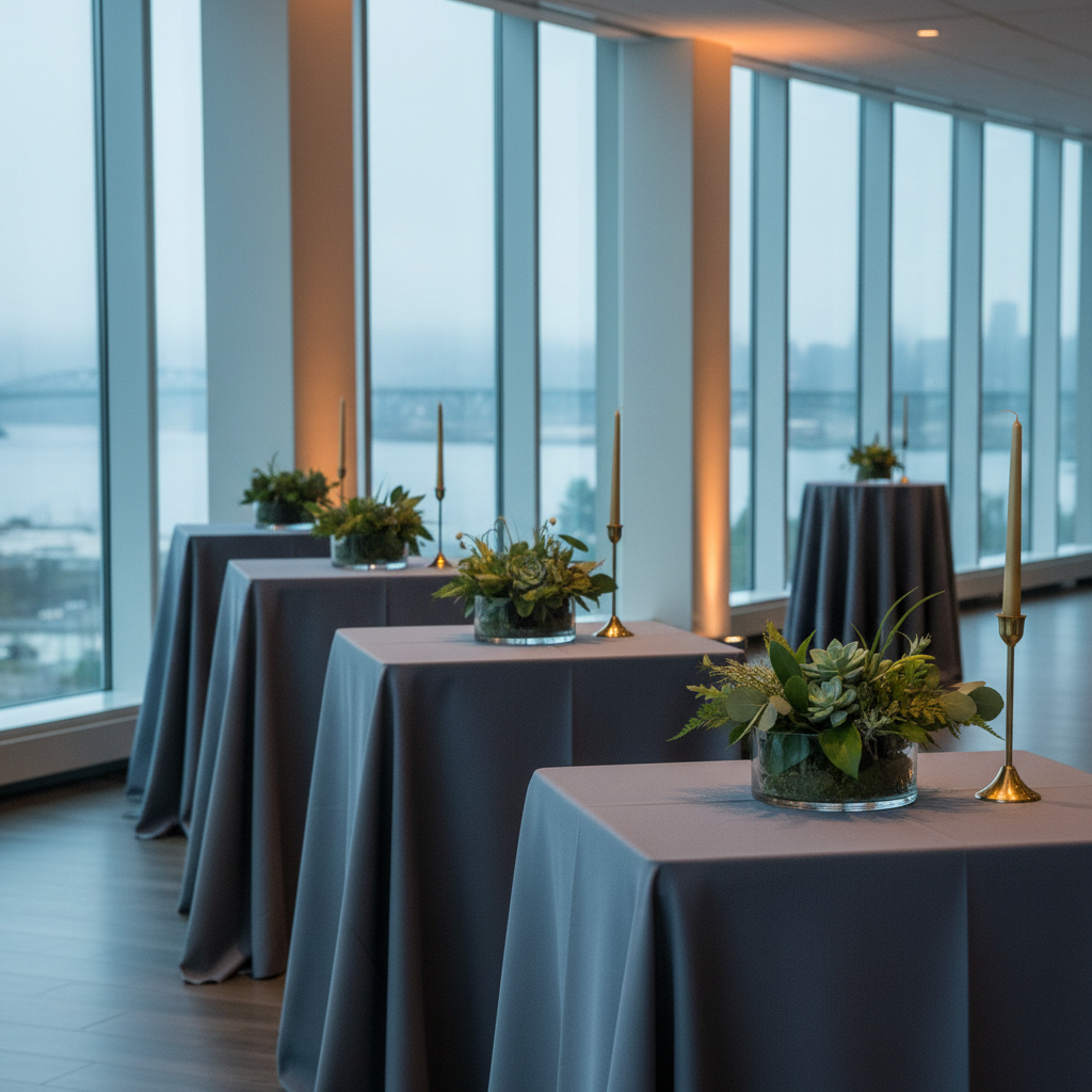 A corporate reception setting in a modern Pacific Northwest venue, showcasing a row of high cocktail tables dressed in slate-gray linen, each topped with a single low glass vessel of structured greenery and one slender candle in a brushed brass holder. Floor-to-ceiling windows reveal an out-of-focus city skyline, misty and cool, with hints of water and distant bridges. Interior lighting is warm and subdued, blending with the soft blue-gray daylight outside. Photographic realism from a slightly low, diagonal angle, emphasizing depth as the tables recede into the distance. The mood is professional, composed, and subtly luxurious, reflecting a high-caliber event planning service for business clients.