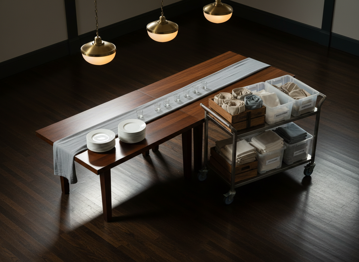 An end-of-event breakdown scene rendered with unexpected elegance: a nearly cleared banquet table where only a few empty glass votives, a folded linen runner, and a stack of polished plates remain. A rolling catering cart holds neatly organized crates, folded cloths, and labeled storage bins, all in muted, cohesive tones. Overhead, pendant lights are dimmed, casting soft pools of warm light and elongated shadows across the hardwood floor. Photographic realism from a slightly elevated corner angle showcases the quiet order of teardown. The mood is calm, efficient, and reflective, highlighting the invisible professionalism and care that conclude a thoughtfully planned event.